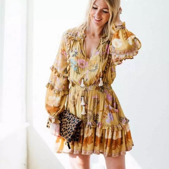 SOLD OUT Golden Floral Ruffle Fall Boho Long Sleeve Dress - Picture 4 of 14